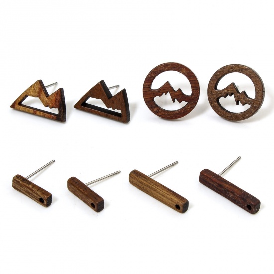 Picture of 2 PCs Wood Ear Post Stud Earrings Findings Mountain Brown With Loop Post/ Wire Size: (21 gauge)