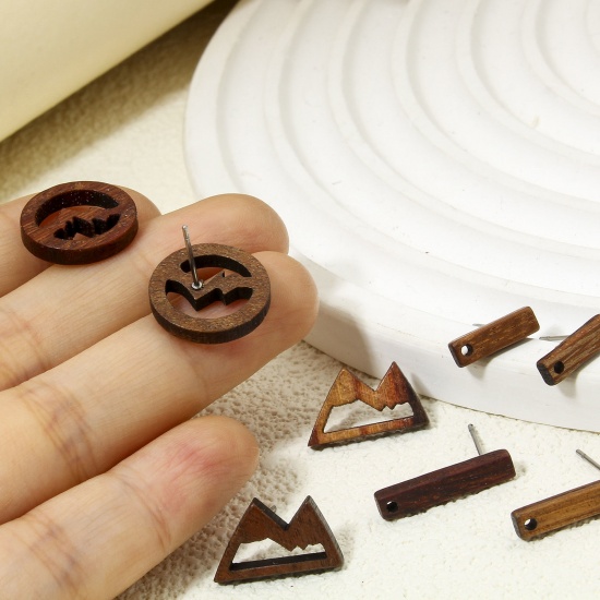 Picture of 2 PCs Wood Ear Post Stud Earrings Findings Mountain Brown With Loop Post/ Wire Size: (21 gauge)