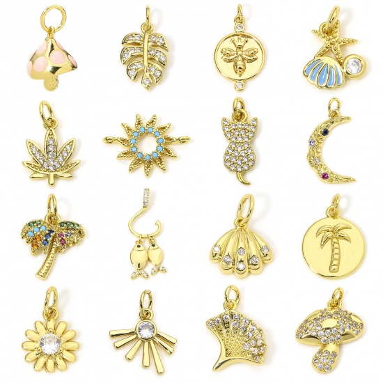Immagine di 1 Piece Eco-friendly Brass Micro Pave Charms 18K Real Gold Plated Leaf Sun Clear Cubic Zirconia