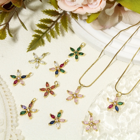 Immagine di 1 Piece Eco-friendly Brass Charms 18K Real Gold Plated Flower Multicolor Rhinestone 22mm x 17mm