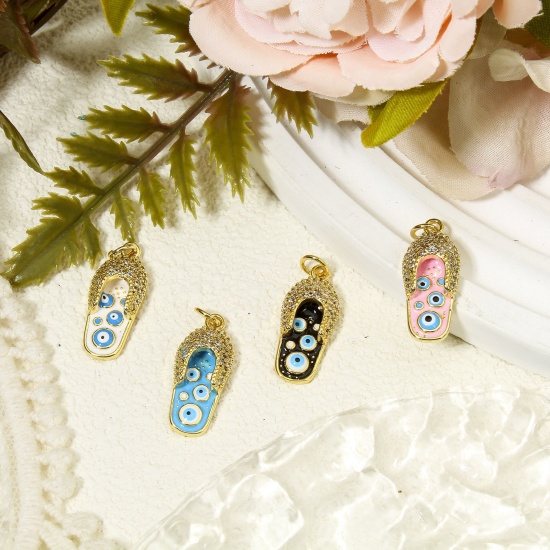 Picture of Eco-friendly Brass Charms 18K Real Gold Plated Multicolor Flip Flops Slipper Evil Eye Enamel 26mm x 10mm