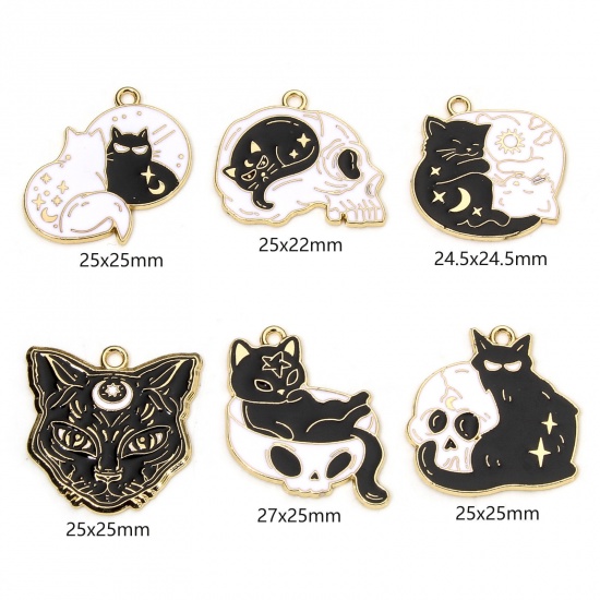 Picture of 10 PCs Zinc Based Alloy Halloween Charms Gold Plated Black & White Skeleton Skull Cat Enamel