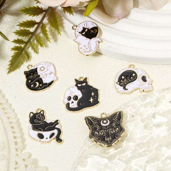 Immagine di 10 PCs Zinc Based Alloy Halloween Charms Gold Plated Black & White Skeleton Skull Cat Enamel