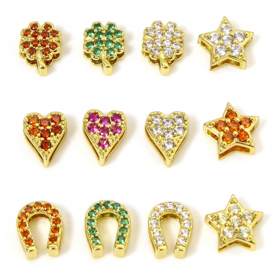 Picture of Hypoallergenic Brass Exquisite Beads For DIY Jewelry Making 18K Gold Plated Flower Heart Micro Pave Multicolour Cubic Zirconia