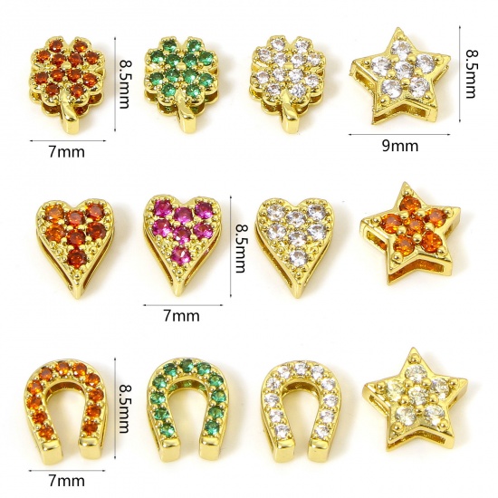 Picture of Hypoallergenic Brass Exquisite Beads For DIY Jewelry Making 18K Gold Plated Flower Heart Micro Pave Multicolour Cubic Zirconia