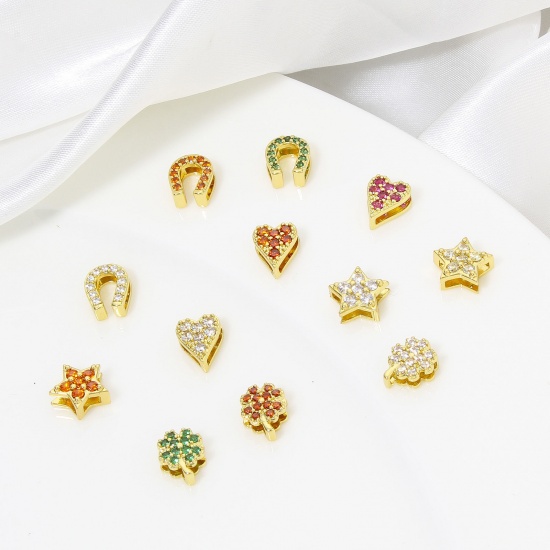 Picture of Hypoallergenic Brass Exquisite Beads For DIY Jewelry Making 18K Gold Plated Flower Heart Micro Pave Multicolour Cubic Zirconia