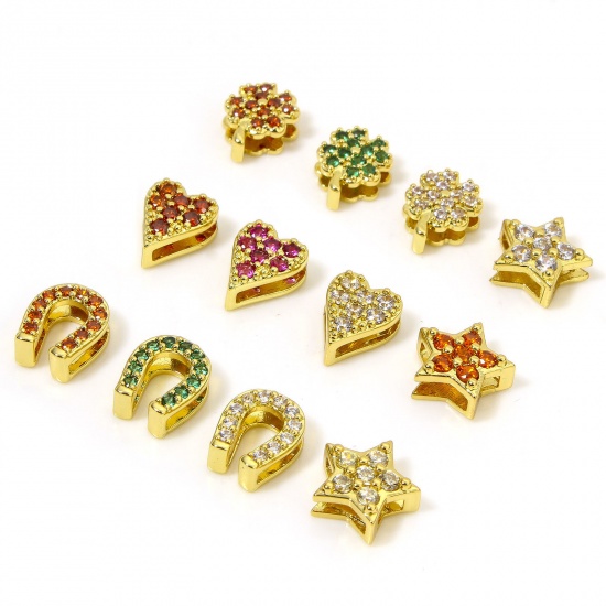 Picture of Hypoallergenic Brass Exquisite Beads For DIY Jewelry Making 18K Gold Plated Flower Heart Micro Pave Multicolour Cubic Zirconia