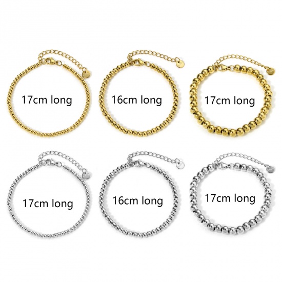 Immagine di 1 Piece Vacuum Plating 304 Stainless Steel Beaded Chain Bracelets With Lobster Claw Clasp And Extender Chain