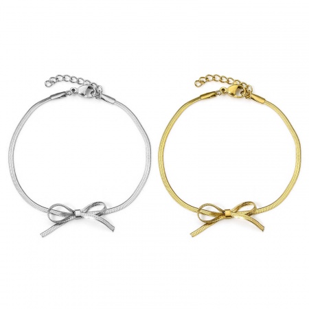 Vacuum Plating 304 Stainless Steel Flat Snake Chain Bracelets Bowknot With Lobster Claw Clasp And Extender Chain 16cm(6 2/8") long
