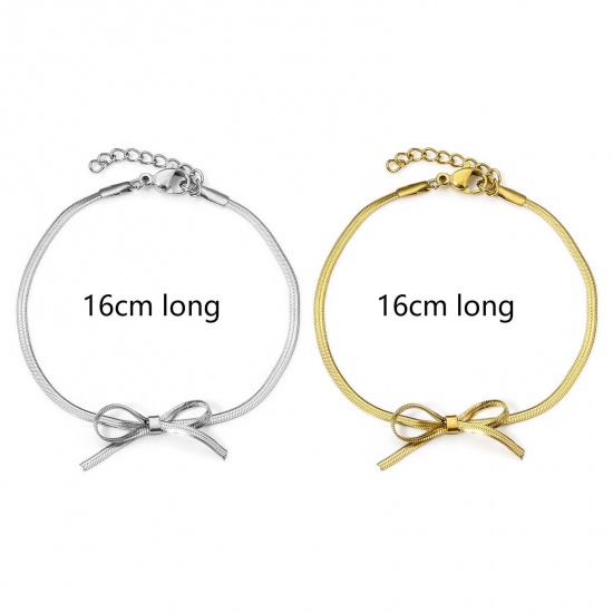 Immagine di 1 Piece Vacuum Plating 304 Stainless Steel Snake Chain Bracelets Bowknot With Lobster Claw Clasp And Extender Chain 16cm(6 2/8") long