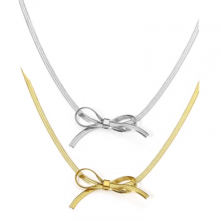 304 Stainless Steel Flat Snake Chain Necklace Bowknot With Lobster Claw Clasp And Extender Chain 32.5cm(12 6/8") long