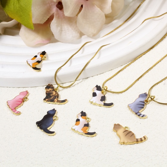 Immagine di 10 PCs Zinc Based Alloy Charms Gold Plated Multicolor Cat Animal Enamel 19mm x 17mm
