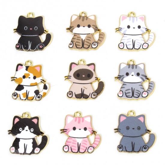 Immagine di 10 PCs Zinc Based Alloy Charms Gold Plated Multicolor Cat Animal Enamel 24mm x 23mm