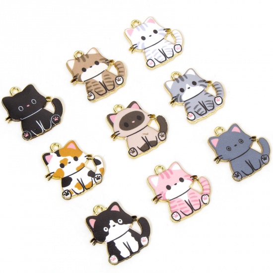 Immagine di 10 PCs Zinc Based Alloy Charms Gold Plated Multicolor Cat Animal Enamel 24mm x 23mm