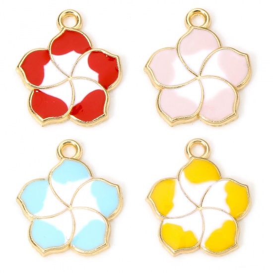 Immagine di 20 PCs Zinc Based Alloy Charms Gold Plated Multicolor Sakura Flower Flower Enamel 17mm x 15mm
