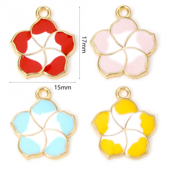 Immagine di 20 PCs Zinc Based Alloy Charms Gold Plated Multicolor Sakura Flower Flower Enamel 17mm x 15mm