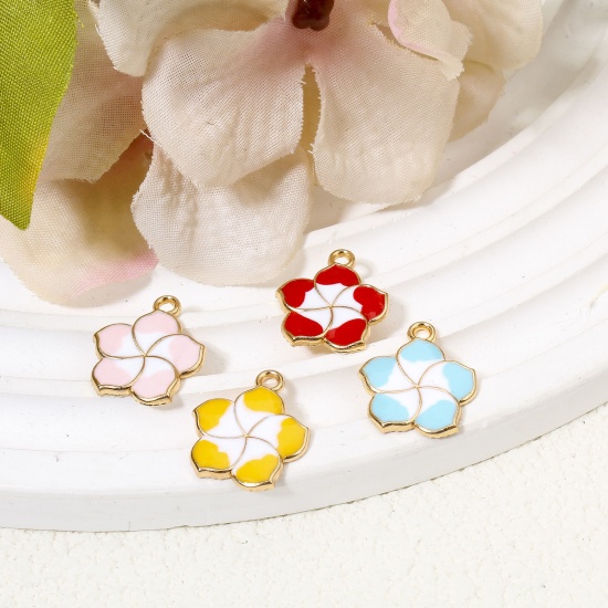 Picture of 20 PCs Zinc Based Alloy Charms Gold Plated Multicolor Sakura Flower Flower Enamel 17mm x 15mm