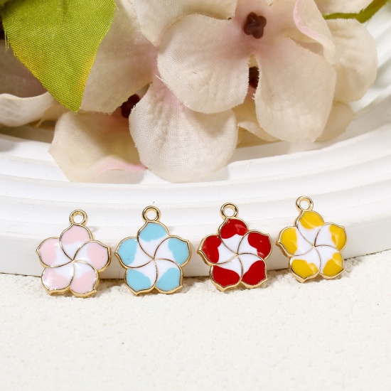 Picture of 20 PCs Zinc Based Alloy Charms Gold Plated Multicolor Sakura Flower Flower Enamel 17mm x 15mm