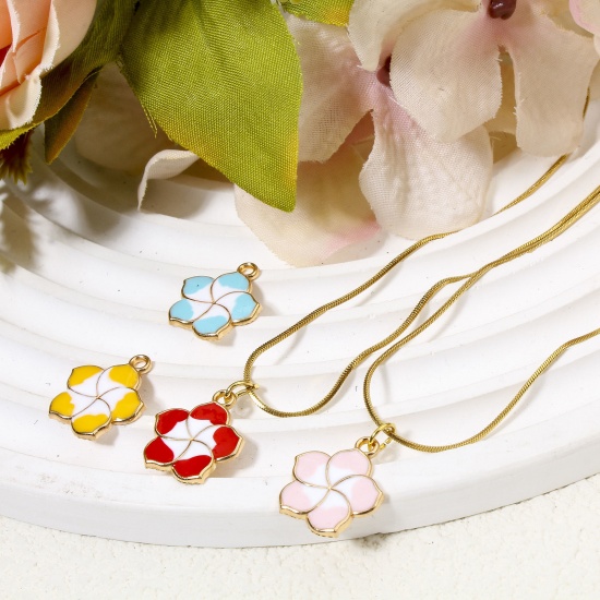 Изображение 20 PCs Zinc Based Alloy Charms Gold Plated Multicolor Sakura Flower Flower Enamel 17mm x 15mm