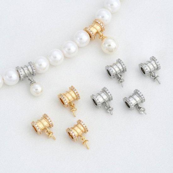 Immagine di 1 Piece Eco-friendly Brass Pearl Pendant Connector Bail Pin Cap Real Gold Plated Cylinder Clear Cubic Zirconia 14mm x 8mm, Needle Thickness: 0.8mm