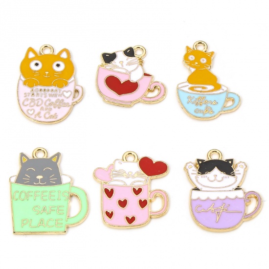 Picture of 10 PCs Zinc Based Alloy Charms Gold Plated Multicolor Cat Animal Cup Enamel