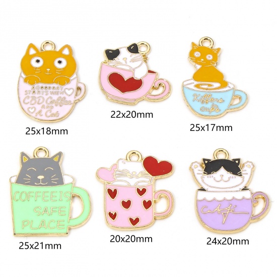 Immagine di 10 Pz Lega di Zinco Ciondoli Oro Placcato Multicolore Gatto Tazza Smalto