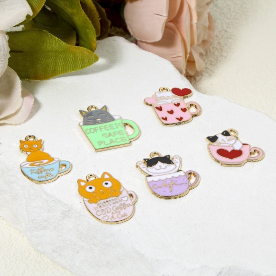 Picture of 10 PCs Zinc Based Alloy Charms Gold Plated Multicolor Cat Animal Cup Enamel