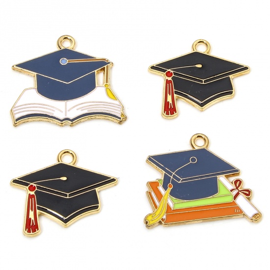 Picture of 10 PCs Zinc Based Alloy College Jewelry Charms Gold Plated Multicolor Trencher Cap Enamel