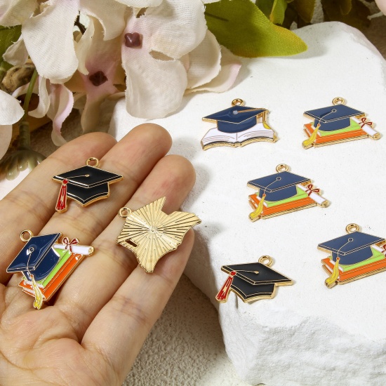 Immagine di 10 PCs Zinc Based Alloy College Jewelry Charms Gold Plated Multicolor Trencher Cap Enamel