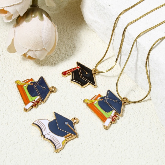 Picture of 10 PCs Zinc Based Alloy College Jewelry Charms Gold Plated Multicolor Trencher Cap Enamel