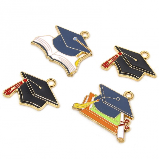 Immagine di 10 PCs Zinc Based Alloy College Jewelry Charms Gold Plated Multicolor Trencher Cap Enamel