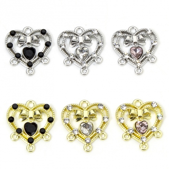 Picture of Zinc Based Alloy Valentine's Day Chandelier Connectors Multicolor Heart Bowknot Hollow Clear Rhinestone 18mm x 16mm