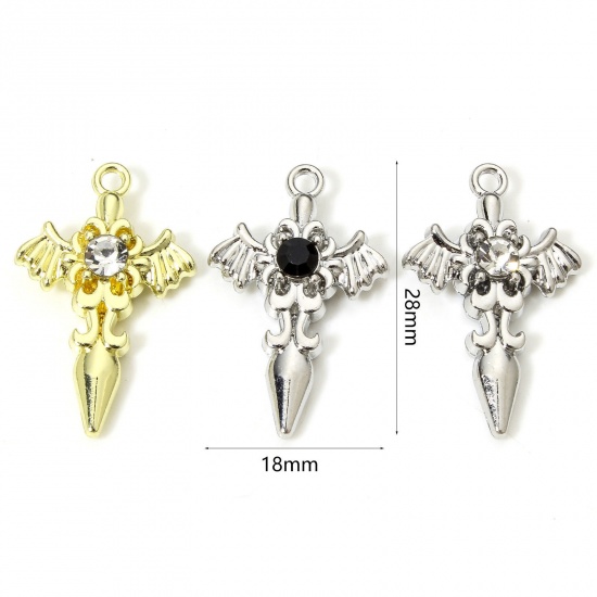 Picture of 5 PCs Zinc Based Alloy Religious Charms Multicolor Cross Wing Clear Rhinestone 28mm x 18mm