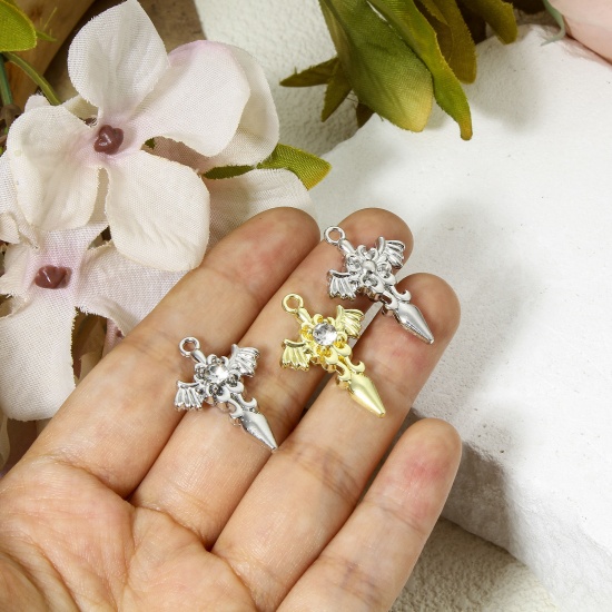 Immagine di 5 PCs Zinc Based Alloy Religious Charms Multicolor Cross Wing Clear Rhinestone 28mm x 18mm