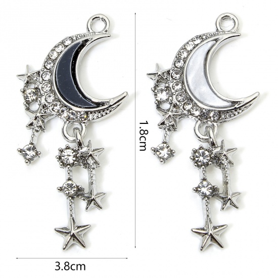 Immagine di 5 Pz Lega di Zinco Galassia Ciondoli Pendenti Tono Argento Luna Nappine Trasparente Strass Micro Spianare 3.8cm x 1.8cm