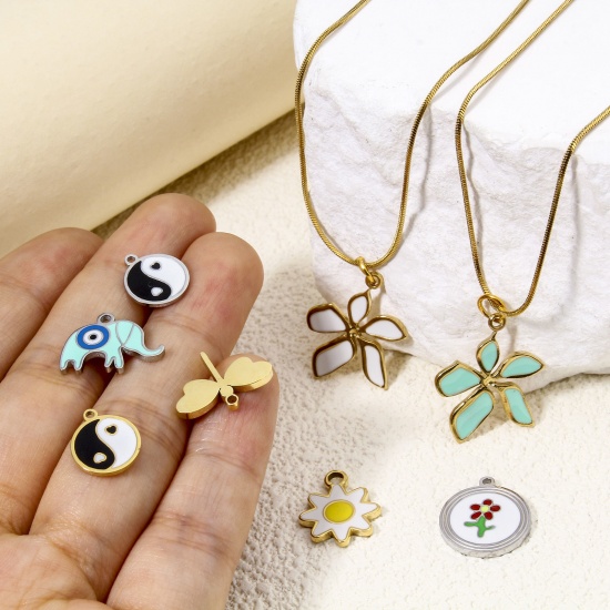 Immagine di Eco-friendly Vacuum Plating 304 Stainless Steel Religious Charms Multicolor Round Yin Yang Symbol Enamel