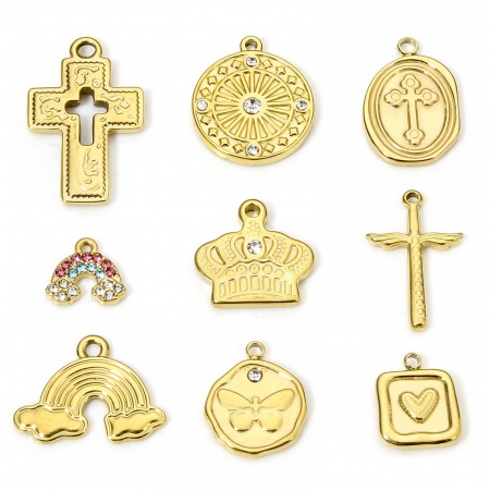 Eco-friendly Vacuum Plating 304 Stainless Steel Religious Charms Gold Plated Cross Wing