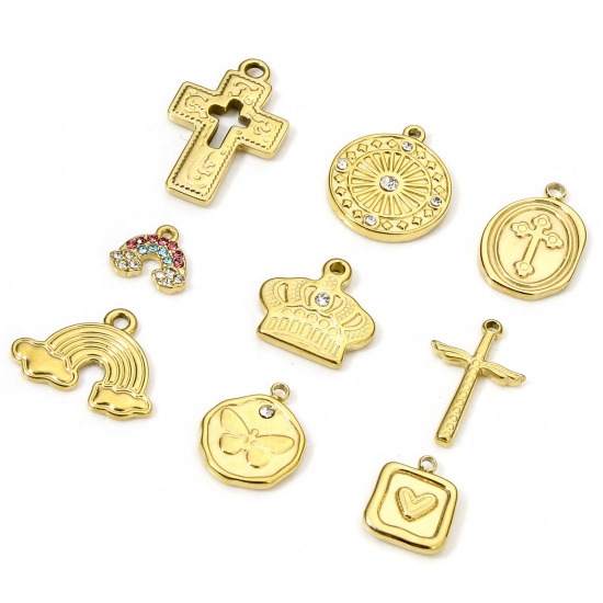 Immagine di Eco-friendly Vacuum Plating 304 Stainless Steel Religious Charms Gold Plated Cross Wing
