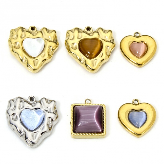 Immagine di Eco-friendly Vacuum Plating 304 Stainless Steel Stylish Charms Multicolor Heart Square Cat's Eye Imitation Multicolor Rhinestone