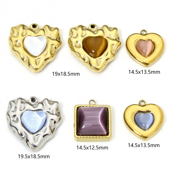 Immagine di Eco-friendly Vacuum Plating 304 Stainless Steel Stylish Charms Multicolor Heart Square Cat's Eye Imitation Multicolor Rhinestone