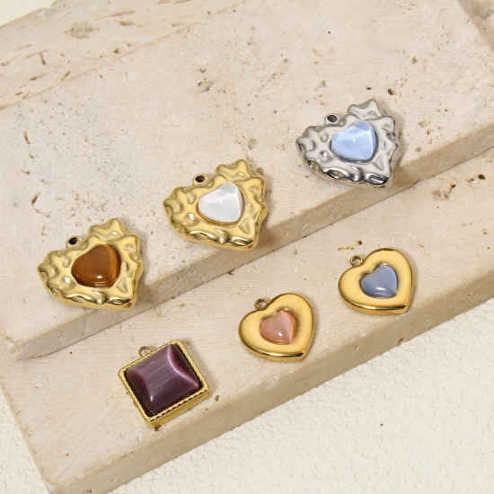 Imagen de 1 Unidad Enchapado al Vacío Ecológico 304 Acero Inoxidable Elegante Colgantes Corazón Multicolor Cuadrado Ojo de Gato Imitación Multicolor Rhinestone