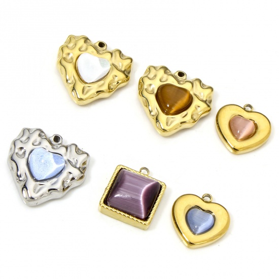 Immagine di Eco-friendly Vacuum Plating 304 Stainless Steel Stylish Charms Multicolor Heart Square Cat's Eye Imitation Multicolor Rhinestone