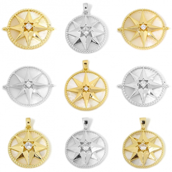 Picture of Eco-friendly Natural Shell & Brass Galaxy Charm Pendant Real Gold Plated Round Star Clear Rhinestone