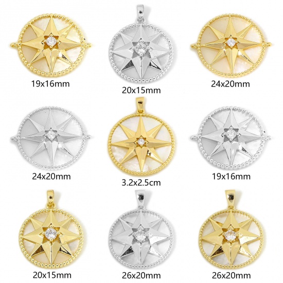 Picture of Eco-friendly Natural Shell & Brass Galaxy Charm Pendant Real Gold Plated Round Star Clear Rhinestone