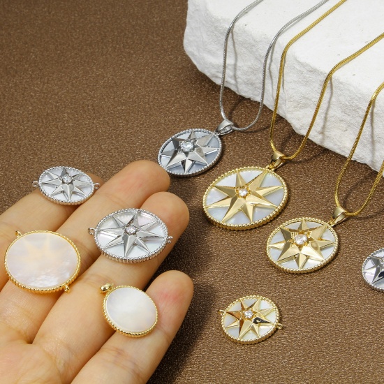 Picture of Eco-friendly Natural Shell & Brass Galaxy Charm Pendant Real Gold Plated Round Star Clear Rhinestone