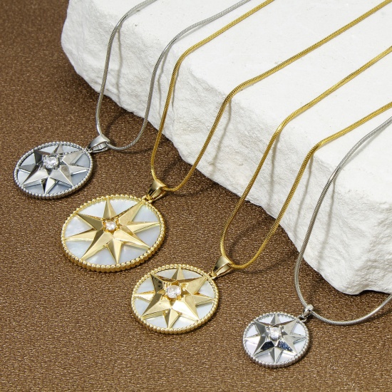 Picture of Eco-friendly Natural Shell & Brass Galaxy Charm Pendant Real Gold Plated Round Star Clear Rhinestone