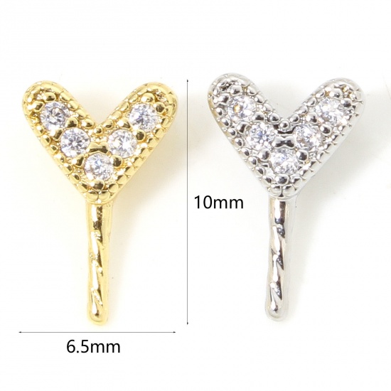 Immagine di 2 Pz Ecologico Ottone San Valentino Connettore Ciondolo Perla Bail Pin Cap Vero Oro Placcato Cuore Trasparente Cubic Zirconiae 10mm x 6.5mm, Spessore dell'ago: 0.9mm