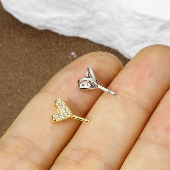 Immagine di 2 Pz Ecologico Ottone San Valentino Connettore Ciondolo Perla Bail Pin Cap Vero Oro Placcato Cuore Trasparente Cubic Zirconiae 10mm x 6.5mm, Spessore dell'ago: 0.9mm