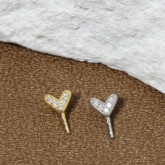 Immagine di 2 Pz Ecologico Ottone San Valentino Connettore Ciondolo Perla Bail Pin Cap Vero Oro Placcato Cuore Trasparente Cubic Zirconiae 10mm x 6.5mm, Spessore dell'ago: 0.9mm