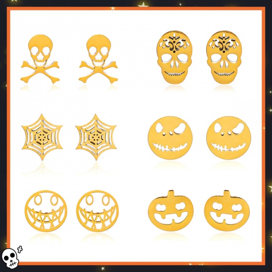 Picture of Eco-friendly Ins Style Halloween 18K Gold Plated 304 Stainless Steel Skeleton Skull Ghost Face Hollow Ear Post Stud Earrings Unisex Halloween